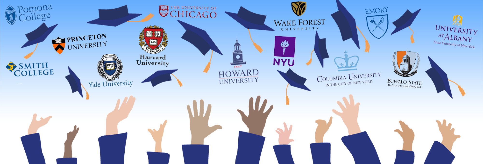Digital art of hands tossing graduation caps into a sky full of various college crests