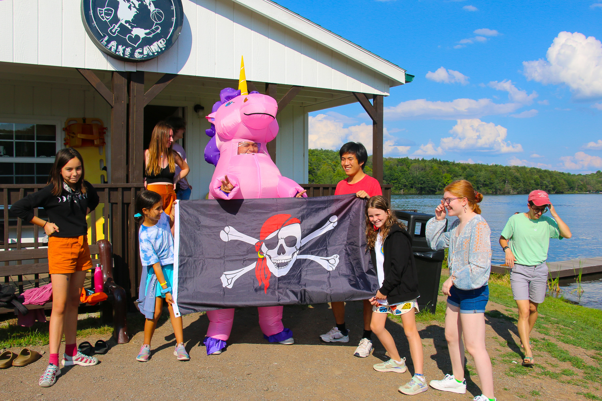 Campers with Mabel the pink unicorn